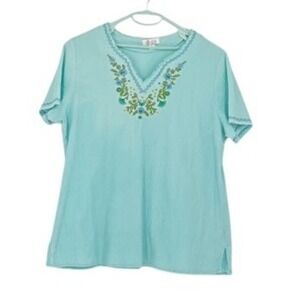 D & Co Embroidered Top Floral V-Neck Short Sleeve Blouse Aqua Blue‎ L